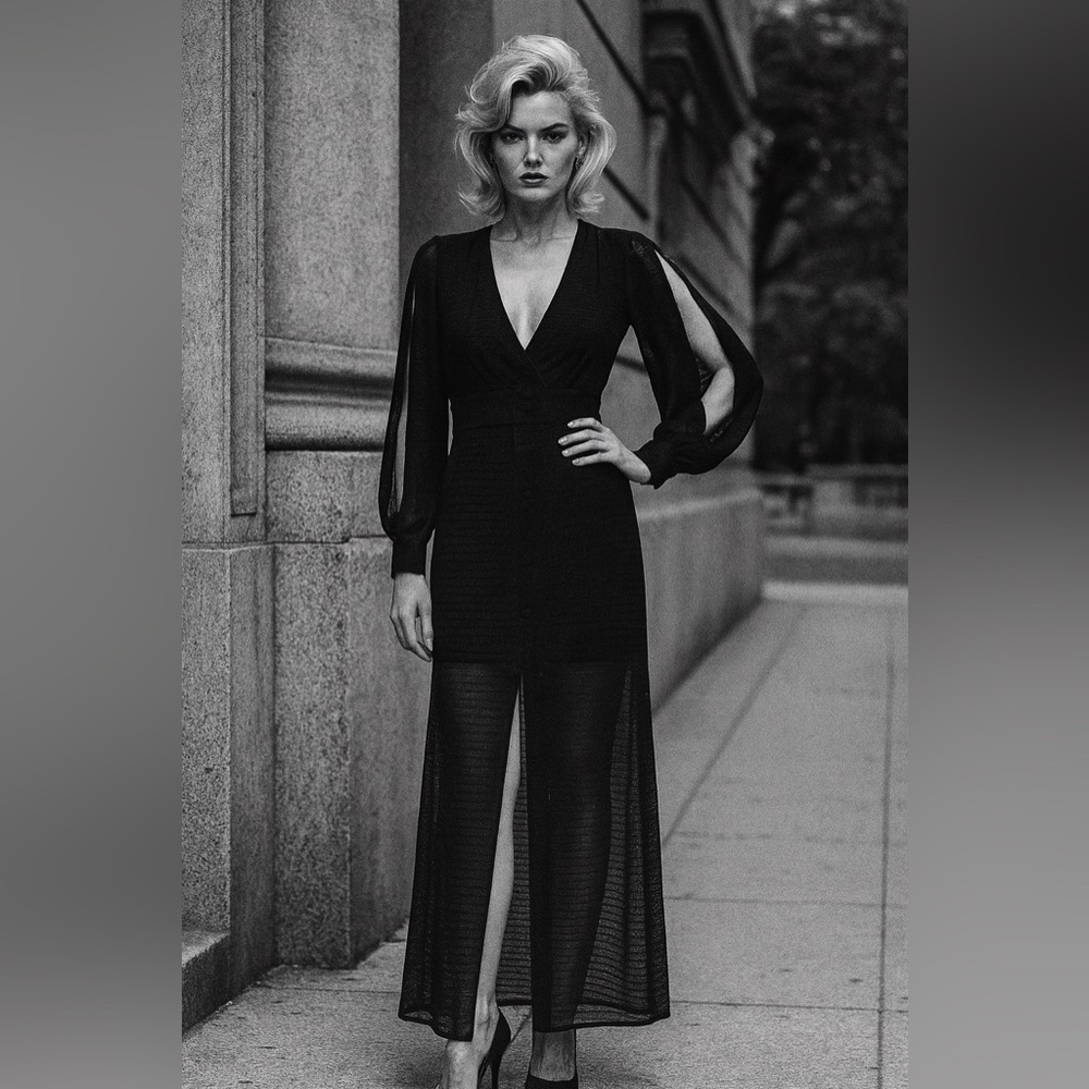 Elegant Black Sheer-Sleeve Maxi Dress